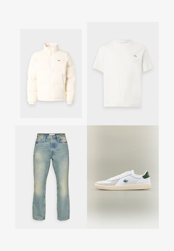 Biała kurtka puchowa z wysokim kołnierzem, z zamkiem błyskawicznym z przodu, elastycznymi mankietami i małym zielonym logo po lewej stronie klatki piersiowej.; Biała bawełniana koszulka z krótkim rękawem, z subtelnym haftowanym logo i minimalistycznym wzornictwem. Miękka tekstura, okrągły dekolt.; Samsøe Samsøe EDDIE used denim; Białe sneakersy z zielonymi akcentami, wykonane z zamszu i skóry, o zaokrąglonym nosku, teksturowanej podeszwie oraz wyszywanym logo na boku i języku.