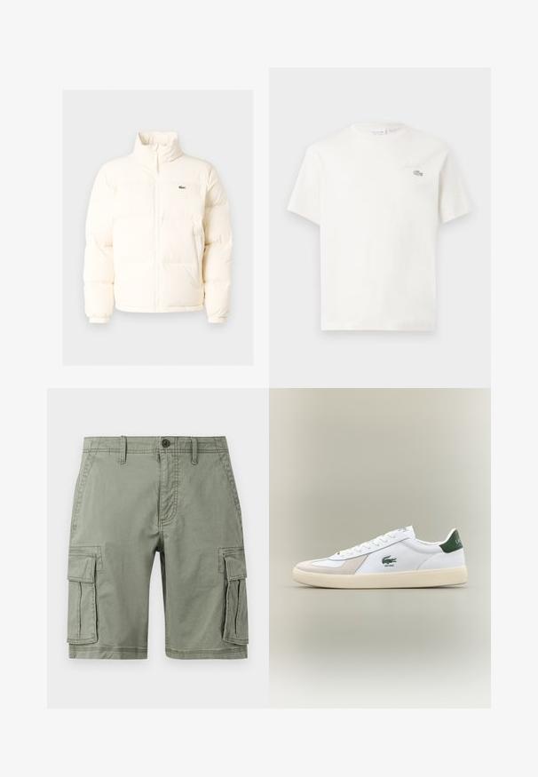 Valge pūusapüüri jope kõrge kaelusega, esiküljel lukuga, elastsete mansettidega ja väikese rohelise logoga vasakul rinnal.; Valge puuvillane T-särk lühikeste varrukatega, millel on diskreetne brodeeritud logo ja minimalistlik disain. Pehme tekstuur, ümar kaelusekujundus.; Roheline puuvillasegu cargo lühikesed püksid, millel on kaks külgtaskut, nööpidega sulgur ja sirge lõike kujundus.; Valged sneaks roheliste aktsentidega, nahast ja sametmaterjalidest, ümmarguse varbaga, tekstuuriga välistallaga ning tikandiga logo külje ja keele peal.