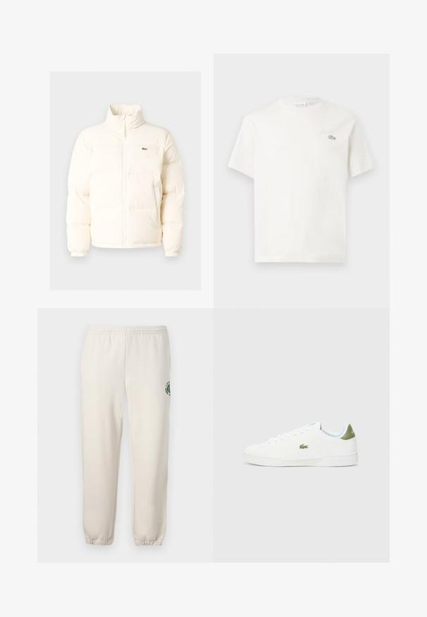 Bijela puf jakna s visokim ovratnikom, koja ima prednji patentni zatvarač, elastične rukave i mali zeleni logo na lijevoj strani prsiju.; Bijela pamučna majica s kratkim rukavima, s diskretnim izvezenim logom i minimalističkim dizajnom. Mekana tekstura, okrugli izrez.; Svijetlosmeđi dukserici napravljeni od pamuka, s elastičnim pojasom, rebrastim manžetama i zelenim logotipom s dizajnom lista na lijevoj nozi.; Bijele tenisice s glatkom teksturom, s zelenim akcentom na peti i malim izvezenim logotipom krokodila sa strane.
