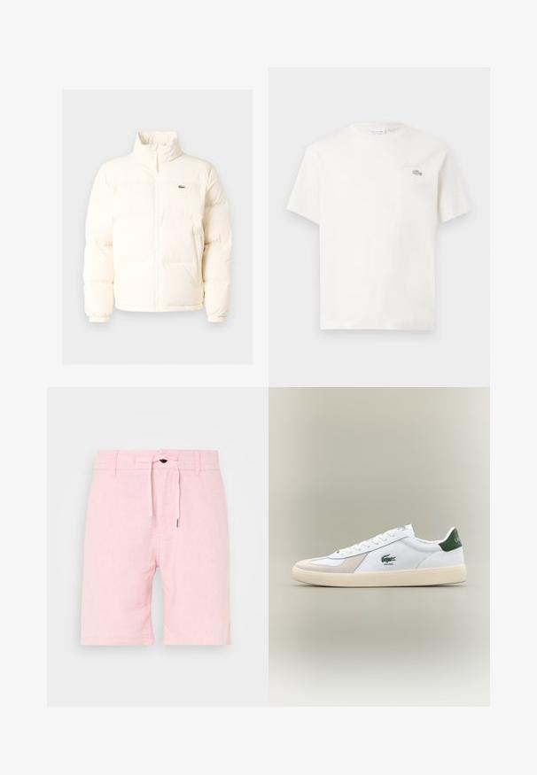 Valkoinen puhallettava takki, jossa on korkea kaulus, etuvetoketju, joustavat hihansuut ja pieni vihreä logo vasemmassa rinnassa.; Valkoinen puuvillainen t-paita lyhyillä hihoilla, jossa on huomaamaton brodeerattu logo ja minimalistinen muotoilu. Pehmeä tekstuuri, pyöreä pääntie.; Vaaleanpunaiset pellavashortsit, joissa on kiristettävä vyötärö, sileän tuntuinen pinta, lyhyt malli ja huomaamattomat sivuleikkaukset liikkuvuuden helpottamiseksi.; Valkoiset tennarit vihreillä yksityiskohdilla, mokka- ja nahkamateriaaleja, pyöreä kärki, teksturoitu ulkopohja sekä brodeerattu logo sivulla ja kielekkeessä.