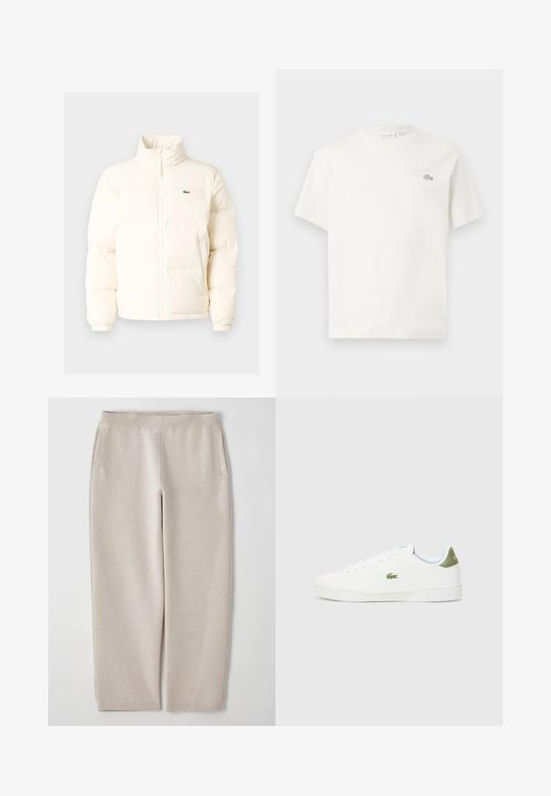 Balta pūkinė striukė su aukštu kaklu, turinti priekinį užtrauktuką, elastines rankogalius ir mažą žalią logotipą kairėje krūtinės pusėje.; Balta medvilninė marškinėliai trumpomis rankovėmis, su subtiliu išsiuvinėtu logotipu ir minimalistišku dizainu. Minkšta tekstūra, apvalus kaklas.; Šviesiai rudos kelnės iš minkštos medžiagos, su plačia juosmena, šoninėmis kišenėmis ir siaurėjančiomis kojomis, užtikrinančiomis patogią apdarą.; Baltos sportiniai bateliai su lygaus paviršiaus tekstūra, kuriuose yra žalias akcentas kulne ir mažas siuvinėtas krokodilo logotipas šone.