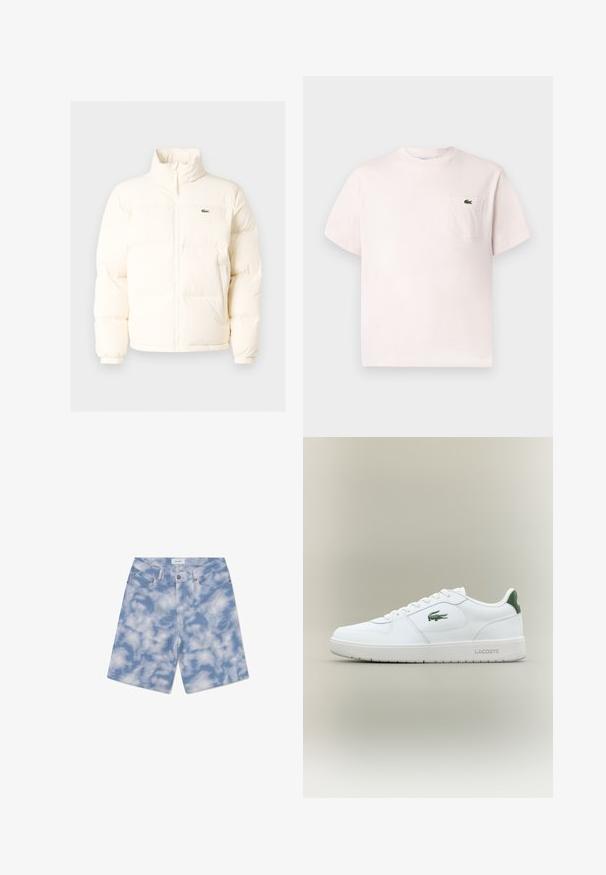 Vit puffjacka med hög krage, som har en framdragkedja, elastiska muddar och en liten grön logotyp på vänster bröst.; Ljusrosa kortärmad T-shirt med rundad halsringning och bröstficka som har en liten grön krokodil-logotyp.; Ljusblå denimshorts med ett molnmönster. Tillverkade av bomull, de har en klassisk femficksdesign och en knappstängning.; Vita lädersneaker med en slät yta, gröna detaljer på hälen och en grön logotyp på sidan. Har en platt sula och rund tå.