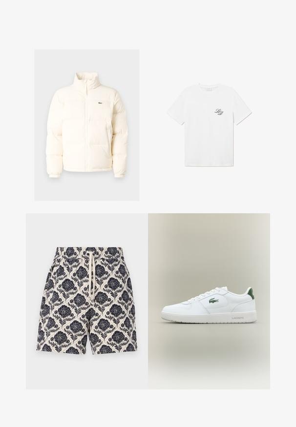 Fehér pufferezett dzseki magas gallérral, elülső zipzárral, rugalmas mandzsettákkal és egy kis zöld logóval a bal mellen.; Fehér pamut póló kerek nyakkal és rövid ujjakkal. Bal mellkasi részen egy kis fekete "LD" logó található. Sima felület.; Krém színű, navy virágmintás nyomott rövidnadrág, rugalmas derékkal és zsinórral, könnyű anyagból készült.; Fehér bőr sneaker sima felülettel, zöld akcentussal a saroknál, és zöld logóval az oldalon. Lapos talpa és kerek orra van.