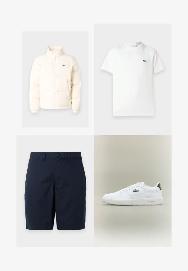 Balta pūkinė striukė su aukštu kaklu, turinti priekinį užtrauktuką, elastines rankogalius ir mažą žalią logotipą kairėje krūtinės pusėje.; Balta medvilninė marškinėliai su apvalia iškirpte, trumpomis rankovėmis ir mažu žaliu siuvinėtu krokodilo logotipu kairėje krūtinės pusėje.; Tamsiai mėlynos šortai, pagaminti iš lengvos medžiagos. Įrengta mygtukinė sagtis, plokščias priekis ir dvi šoninės kišenės. Klasikinis, tiesus kirpimas.; Balti odiniai sportbačiai su lygiu paviršiumi, žaliais akcentais ant kulno ir žalia logotipu šone. Siūlo plokščią pado struktūrą ir apvalią nosį.