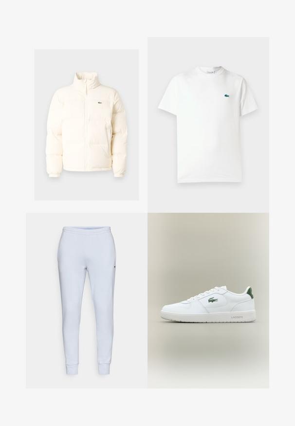 Casaco de puffer branco com colarinho alto, apresentando um fecho frontal com zíper, punhos elásticos e um pequeno logótipo verde no lado esquerdo do peito.; T-shirt de algodão branca com gola redonda, mangas curtas e um pequeno logótipo de crocodilo verde bordado no lado esquerdo do peito.; Calças de treino azul claro feitas de um tecido macio, com um cós elástico, pernas ajustadas e um pequeno logótipo do lado esquerdo.; Sapatilha de couro branca com um acabamento suave, detalhes verdes no calcanhar e um logótipo verde na lateral. Apresenta sola plana e bico redondo.