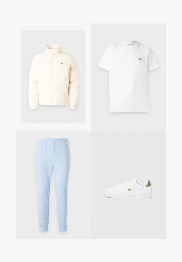 Witte pufferjack met een hoge kraag, voorzien van een ritssluiting aan de voorkant, elastische boorden en een klein groen logo op de linkerborst.; Witte katoenen t-shirt met een ronde hals, korte mouwen en een klein groen geborduurd krokodillenlogo op de linkerborst.; Lichtblauwe sweatpants van zacht stof, met een elastische tailleband en taps toelopende boorden. Geen zichtbare patronen of hardwareaccenten.; Witte sneakers met een gladde textuur, voorzien van een groene accent bij de hiel en een klein geborduurd krokodillenlogo aan de zijkant.