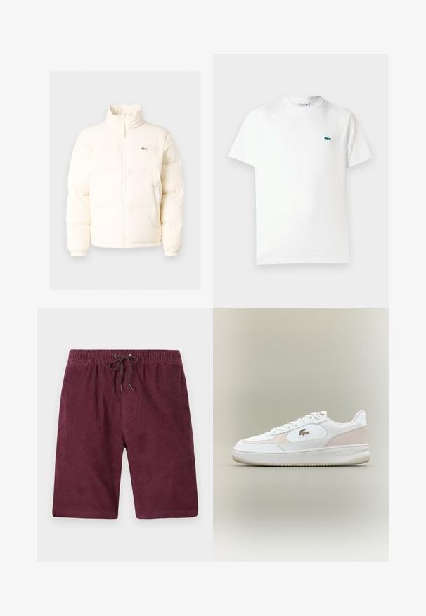 Witte pufferjack met een hoge kraag, voorzien van een ritssluiting aan de voorkant, elastische boorden en een klein groen logo op de linkerborst.; Witte katoenen t-shirt met een ronde hals, korte mouwen en een klein groen geborduurd krokodillenlogo op de linkerborst.; Bordeaux corduroy shorts met een elastische tailleband en trekkoord. Heeft een verticale ribbelstructuur en een standaardlengte.; Witte sneakers met een bovenwerk van soepel leer, suède accenten en een rubberen zool. Beschikt over een geperst logo en een vetersluiting. Minimalistische esthetiek.
