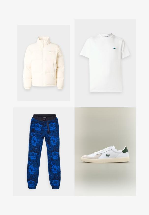 White puffer jacket with a high collar, featuring a front zipper, elastic cuffs, and a small green logo on the left chest.; White cotton t-shirt featuring a crew neck, short sleeves, and a small green embroidered crocodile logo on the left chest.; Blue fleece joggers with a floral pattern, featuring a black elastic waistband and drawstring. Textured fabric with elastic cuffs at the ankles.; White sneaker with green accents, suede and leather materials, rounded toe, textured outsole, and embroidered logo on side and tongue.