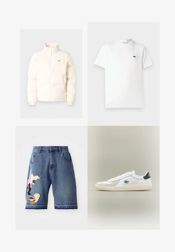 Vit puffjacka med hög krage, som har en framdragkedja, elastiska muddar och en liten grön logotyp på vänster bröst.; Vit bomullströja med rundad hals, korta ärmar och en liten grön broderad krokodil-logotyp på vänster bröst.; Jeansshorts i blå tvätt, rak skärning, med flerfärgade tygapplikationer och en enda framficka.; Vit sneaker med gröna Accenter, material av mocka och läder, rundad tå, texturerad sula och broderad logotyp på sidan och plösen.