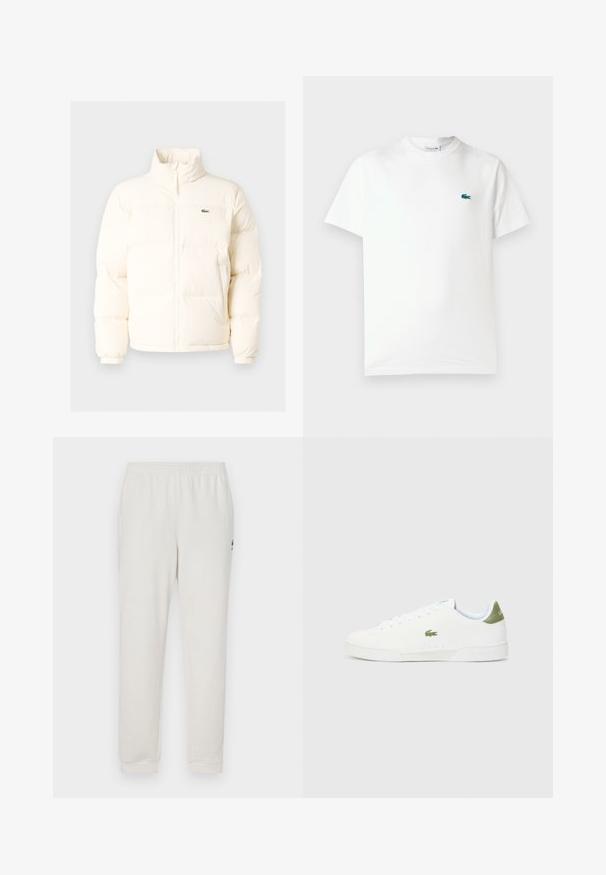 Casaco de puffer branco com colarinho alto, apresentando um fecho frontal com zíper, punhos elásticos e um pequeno logótipo verde no lado esquerdo do peito.; T-shirt de algodão branca com gola redonda, mangas curtas e um pequeno logótipo de crocodilo verde bordado no lado esquerdo do peito.; Calças de jogging cor creme com um cós elástico, pernas afuniladas e um pequeno logótipo na coxa esquerda. Tecido suave, design minimalista.; Tênis brancos com uma textura suave, apresentando um detalhe verde no calcanhar e um pequeno logotipo de crocodilo bordado na lateral.