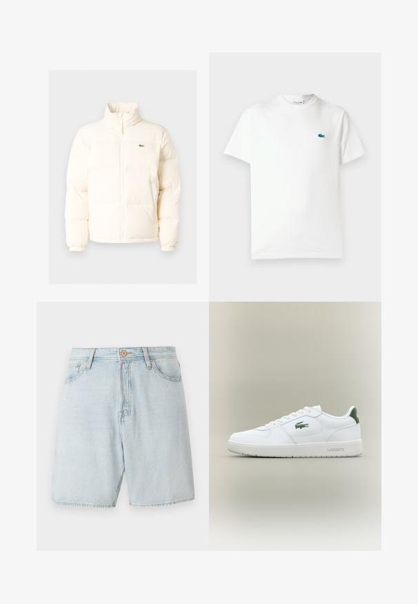 Giacca a vento bianca con collo alto, dotata di zip frontale, polsini elasticizzati e un piccolo logo verde sul petto a sinistra.; T-shirt bianco in cotone con collo rotondo, maniche corte e un piccolo logo di coccodrillo ricamato in verde sul lato sinistro del petto.; Pantaloni corti in denim azzurro chiaro con vita alta, design a cinque tasche e cuciture a contrasto. Presentano una classica chiusura con bottone e zip.; Sneaker bianco in pelle con una finitura liscia, dettagli verdi sul tallone e un logo verde sul lato. Presenta una suola piatta e una punta rotonda.