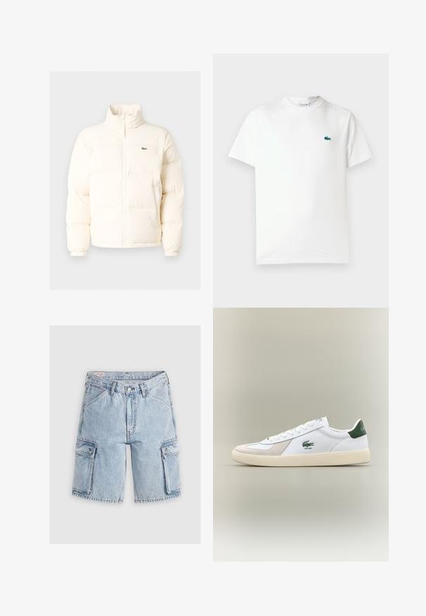 Witte pufferjack met een hoge kraag, voorzien van een ritssluiting aan de voorkant, elastische boorden en een klein groen logo op de linkerborst.; Witte katoenen t-shirt met een ronde hals, korte mouwen en een klein groen geborduurd krokodillenlogo op de linkerborst.; Lichtblauwe denim cargo shorts met een relaxed fit, voorzien van twee zijzakken en gestikte details langs de naden.; Witte sneaker met groene accenten, gemaakt van suede en leer, met een ronde neus, een textuur outsole en een geborduurd logo op de zijkant en op de tong.