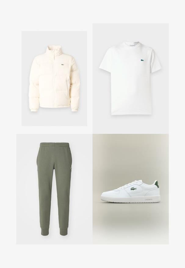 Balts pūkains jaka ar augstu apkakli, priekšā ar rāvējslēdzēju, elastīgām piedurknēm un mazu zaļu logo kreisajā krūtī.; Balta kokvilnas T-kreklu ar apaļu kaklu, īsām piedurknēm un mazu zaļu izšūtu krokodila logo kreisajā krūtī.; Olivu zaļas sporta bikses, kas izgatavotas no mīksta auduma, ar elastīgu jostu, sānu kabatām un sašaurinātiem piedurkņu galiem. Zīmola logo uz gurniem.; Baltas ādas sneakers ar gludu apdari, zaļiem akcentiem uz papēža un zaļu logotipu sānos. Iezīmē platu zoli un apaļu pirkstu.