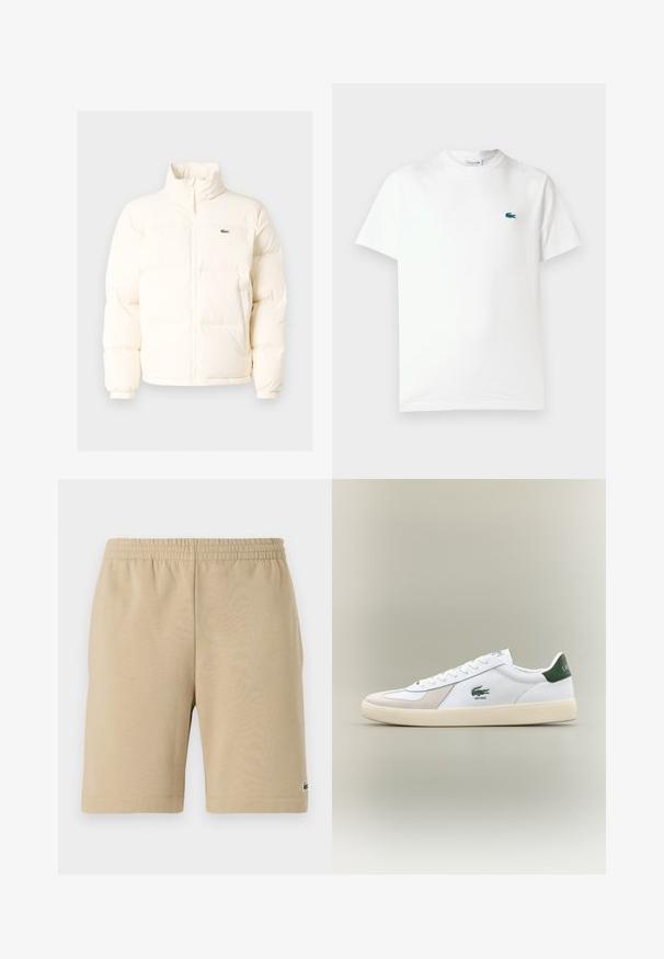 Vit puffjacka med hög krage, som har en framdragkedja, elastiska muddar och en liten grön logotyp på vänster bröst.; Vit bomullströja med rundad hals, korta ärmar och en liten grön broderad krokodil-logotyp på vänster bröst.; Beiga bomullsshorts med resårmidja, knä-lång design och en liten logodetalj på vänster sida. Slät textur och enkel skärning.; Vit sneaker med gröna Accenter, material av mocka och läder, rundad tå, texturerad sula och broderad logotyp på sidan och plösen.