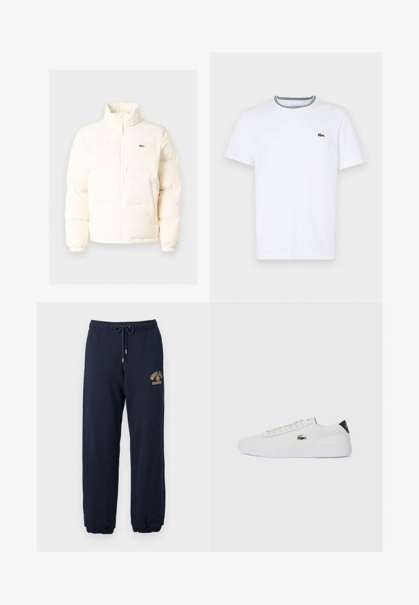 White puffer jacket with a high collar, featuring a front zipper, elastic cuffs, and a small green logo on the left chest.; White cotton short-sleeve T-shirt with a ribbed collar featuring green and black stripes; small green embroidered logo on left chest.; Navy blue sweatpants made of cotton blend fabric with an elastic waistband and adjustable drawstring; features a gold logo on the thigh.; White leather sneaker with round toe, lace-up front, and black heel accent. Features a small embroidered crocodile logo on the side.