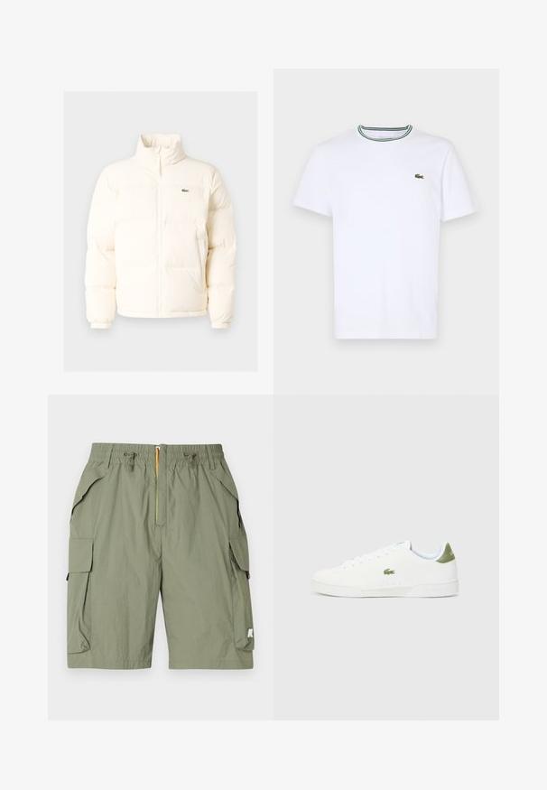 White puffer jacket with a high collar, featuring a front zipper, elastic cuffs, and a small green logo on the left chest.; White cotton short-sleeve T-shirt with a ribbed collar featuring green and black stripes; small green embroidered logo on left chest.; Light olive green cargo shorts with an elastic waistband, drawstring, two side pockets, and a logo patch on the right leg. Lightweight fabric.; White sneakers with a smooth texture, featuring a green accent at the heel and a small embroidered crocodile logo on the side.