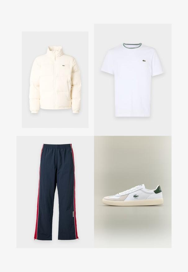 Witte pufferjack met een hoge kraag, voorzien van een ritssluiting aan de voorkant, elastische boorden en een klein groen logo op de linkerborst.; Witte katoen T-shirt met korte mouwen en een geribde kraag met groene en zwarte strepen; klein groen geborduurd logo op de linkerborst.; Marineblauwe sportbroek met een elastische tailleband en rode zijstrepen. Voorzien van witte bies en ritsen bij de enkel voor aanpassingen. Lichtgewicht materiaal.; Witte sneaker met groene accenten, gemaakt van suede en leer, met een ronde neus, een textuur outsole en een geborduurd logo op de zijkant en op de tong.
