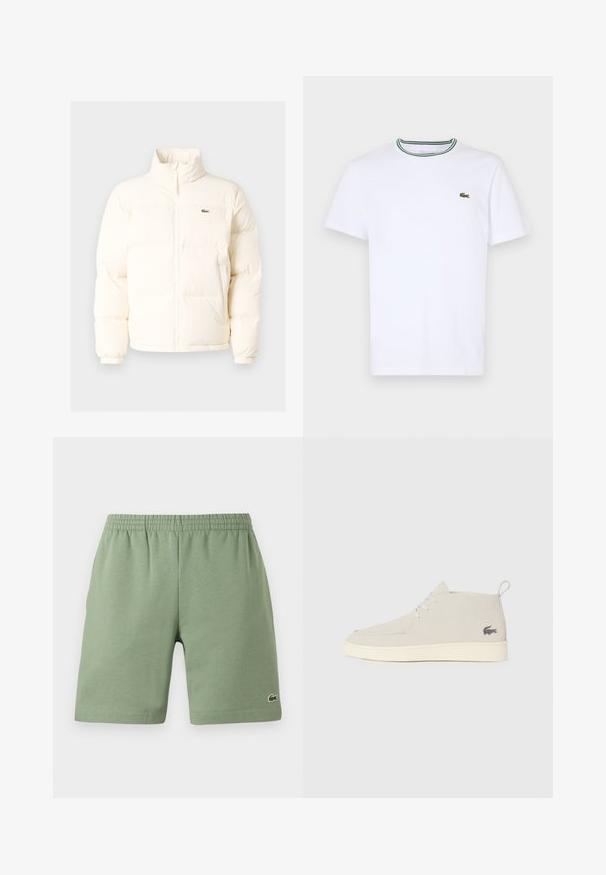 Chaqueta acolchada blanca con un alto cuello, que presenta una cremallera frontal, puños elásticos y un pequeño logotipo verde en el lado izquierdo del pecho.; Camiseta de algodón blanca de manga corta con cuello de canalé que presenta rayas verdes y negras; pequeño logo verde bordado en el lado izquierdo del pecho.; Pantalones cortos de algodón verde con una cinturilla elástica, corte relajado y un pequeño logo bordado en la parte inferior izquierda. Textura suave, sin bolsillos.; Botas de tobillo de ante gris claro con punta redonda, suela de goma blanca y un sutil detalle de logo en el costado. Presenta cierre con cordones.