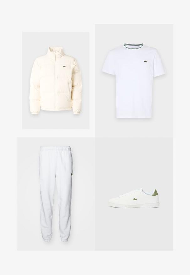 Biała kurtka puchowa z wysokim kołnierzem, z zamkiem błyskawicznym z przodu, elastycznymi mankietami i małym zielonym logo po lewej stronie klatki piersiowej.; Biała bawełniana koszulka T-shirt z krótkim rękawem i prążkowanym kołnierzykiem, ozdobiona zielonymi i czarnymi paskami; małe zielone haftowane logo po lewej stronie klatki piersiowej.; Białe dresowe spodnie z polaru z elastycznym pasem i ściągaczami, z zielonym logo po prawej stronie. Miękka, gładka tekstura.; Białe sneakersy o gładkiej fakturze, z zielonym akcentem na pięcie i małym wyhaftowanym logo krokodyla z boku.