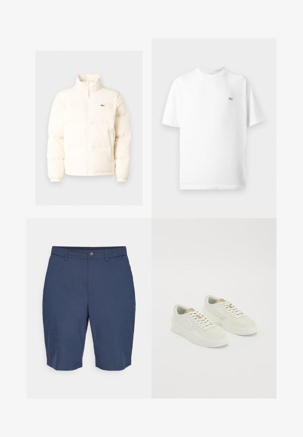 Casaco de puffer branco com colarinho alto, apresentando um fecho frontal com zíper, punhos elásticos e um pequeno logótipo verde no lado esquerdo do peito.; T-shirt branca de algodão com gola redonda e mangas curtas. Apresenta um pequeno logo preto da Lacoste no lado esquerdo do peito.; Calções azul-marinho com fecho de botão e presilhas para cinto. Feitos de um tecido leve, apresentam linhas limpas e um corte reto.; Par de ténis brancos de baixo, com detalhes em bege, solas grossas e atacadores brancos, sobre um fundo branco liso.