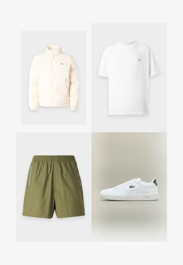 Balts pūkains jaka ar augstu apkakli, priekšā ar rāvējslēdzēju, elastīgām piedurknēm un mazu zaļu logo kreisajā krūtī.; Balts kokvilnas T-krekls arapa apaļu kaklu un īsām piedurknēm. Uz kreisā krūšu viena ir mazs melns Lacoste logo.; Olīvu zaļās šortos ar elastīgu jostasvietu, sānu rāvējslēdzēja kabatām un viegla, struktūrēta auduma.; Baltas ādas sneakers ar gludu apdari, zaļiem akcentiem uz papēža un zaļu logotipu sānos. Iezīmē platu zoli un apaļu pirkstu.