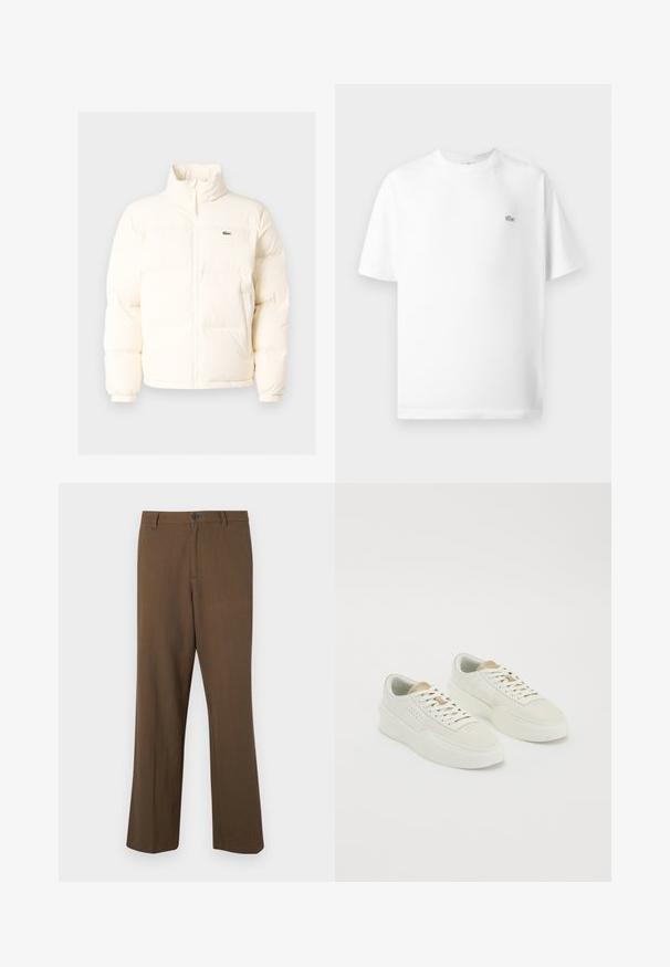Vit puffjacka med hög krage, som har en framdragkedja, elastiska muddar och en liten grön logotyp på vänster bröst.; Vit bomull t-shirt med rund hals och korta ärmar. Har en liten svart Lacoste-logotyp på vänster sida av bröstet.; Bruna rakbenade byxor i texturerat tyg, med knappstängning och standardmidja, sidofickor och skräddarsydda sömmar.; Ett par off-white lågskor med beige detaljer, tjocka sulor och vita snören på en enfärgad vit bakgrund.