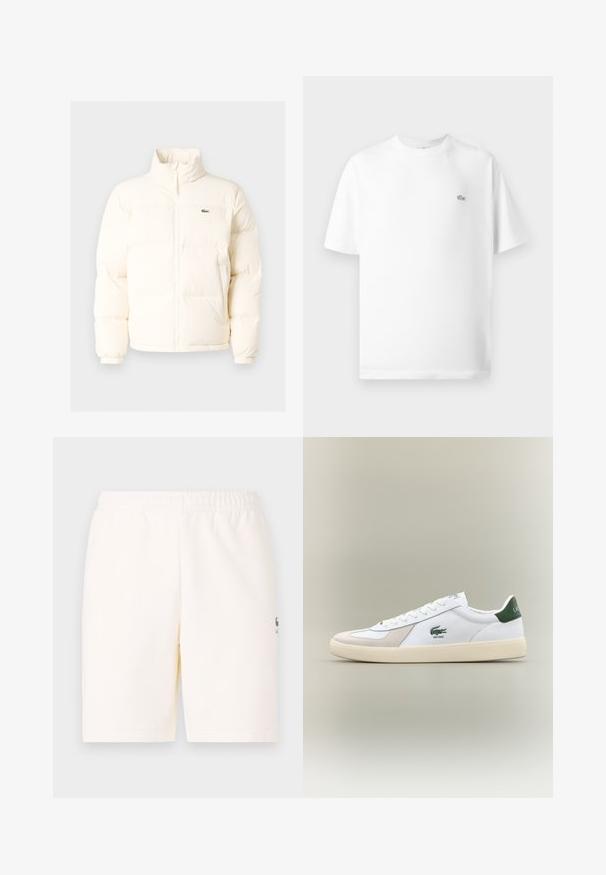 Chaqueta acolchada blanca con un alto cuello, que presenta una cremallera frontal, puños elásticos y un pequeño logotipo verde en el lado izquierdo del pecho.; Camiseta de algodón blanca con cuello redondo y mangas cortas. Presenta un pequeño logo negro de Lacoste en el lado izquierdo del pecho.; Shorts de color crema con una cinturilla elástica, hechos de tela suave, con un pequeño logo en la parte inferior de la pierna izquierda.; Zapatilla blanca con acentos verdes, materiales de ante y cuero, punta redondeada, suela texturizada y logotipo bordado en el lateral y en la lengüeta.