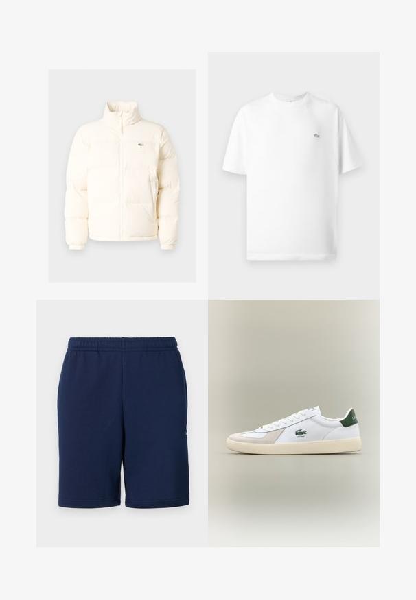 Biała kurtka puchowa z wysokim kołnierzem, z zamkiem błyskawicznym z przodu, elastycznymi mankietami i małym zielonym logo po lewej stronie klatki piersiowej.; Biała bawełniana koszulka z okrągłym dekoltem i krótkimi rękawami. Posiada małe czarne logo Lacoste po lewej stronie klatki piersiowej.; Granatowe szorty wykonane z miękkiego materiału, z elastycznym paskiem w talii i bocznymi kieszeniami. Minimalistyczny design bez widocznych wzorów.; Białe sneakersy z zielonymi akcentami, wykonane z zamszu i skóry, o zaokrąglonym nosku, teksturowanej podeszwie oraz wyszywanym logo na boku i języku.