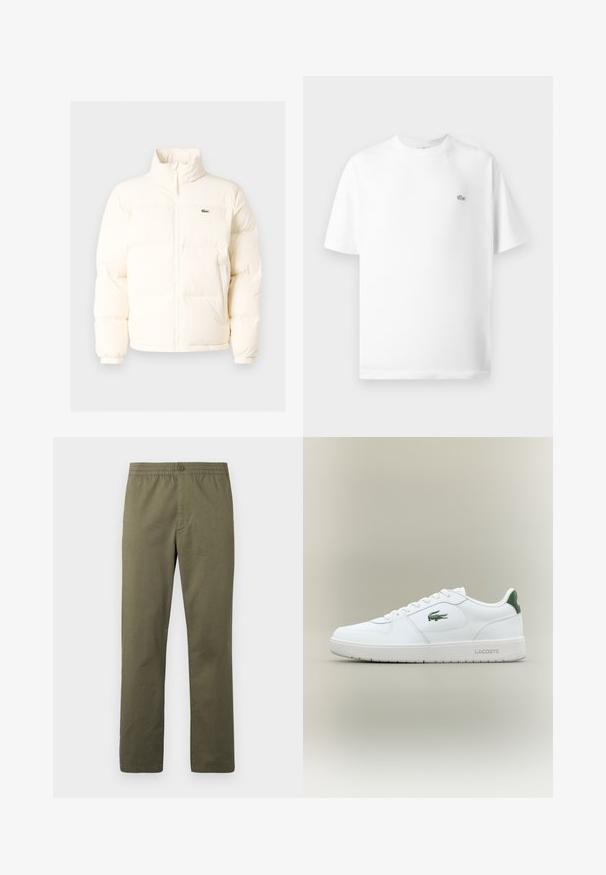 Witte pufferjack met een hoge kraag, voorzien van een ritssluiting aan de voorkant, elastische boorden en een klein groen logo op de linkerborst.; Witte katoenen t-shirt met een ronde hals en korte mouwen. Bevat een klein zwart Lacoste-logo aan de linkerkant van de borst.; Lacoste Broek - olive; Witte leren sneaker met een gladde afwerking, groene accenten op de hak en een groen logo aan de zijkant. Beschikt over een platte zool en een ronde neus.
