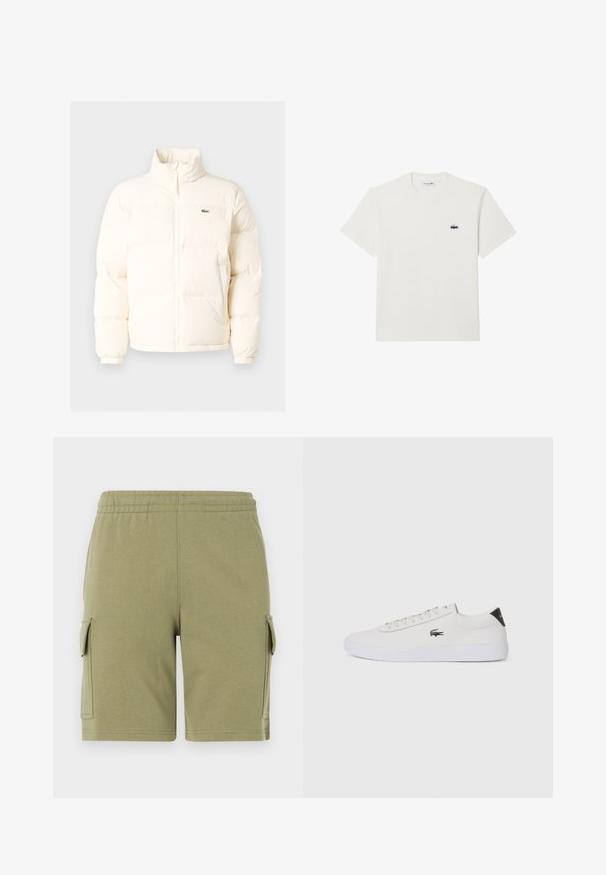 Giacca a vento bianca con collo alto, dotata di zip frontale, polsini elasticizzati e un piccolo logo verde sul petto a sinistra.; T-shirt bianco in cotone con maniche corte e scollatura a girocollo. Presenta un piccolo logo ricamato di Lacoste sul lato sinistro del petto.; Pantaloni corti verdi in cotone con vita elastica, dotati di due tasche laterali cargo e una superficie liscia.; Sneaker bianco in pelle con punta rotonda, chiusura con lacci e accentuazione nera sul tallone. Presenta un piccolo logo di coccodrillo ricamato sul lato.