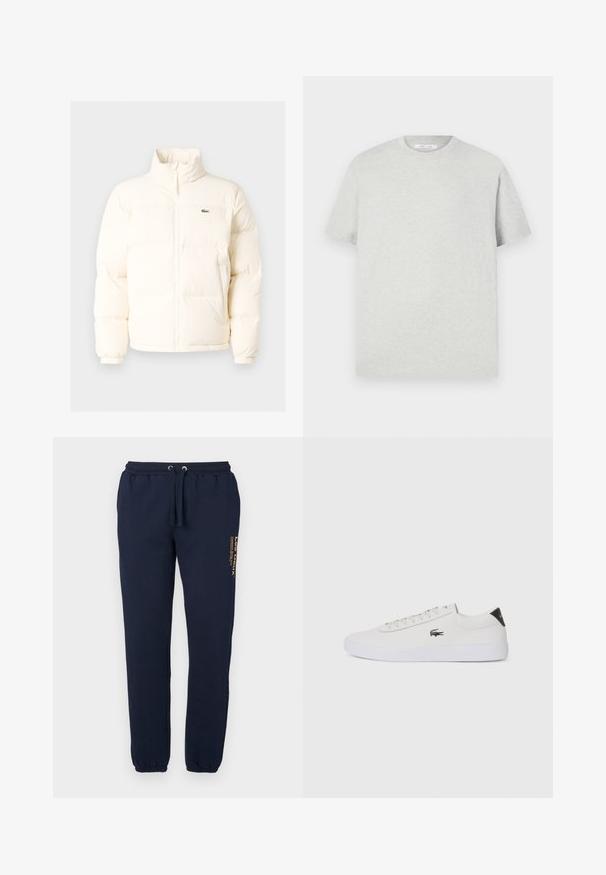 Vit puffjacka med hög krage, som har en framdragkedja, elastiska muddar och en liten grön logotyp på vänster bröst.; Ljusgrå kortärmad t-shirt i mjukt material, med rund halsringning och avslappnad passform utan synliga mönster eller detaljer.; Mörkblå sweatpants gjorda av en bomullsblandning, med elastisk midja med dragsko och elastiska muddarna. En logotyp är tryckt på sidan.; Vit lädersneaker med rund tå, snörning framtill och svart häldetalj. Har en liten broderad krokodilmotiv på sidan.