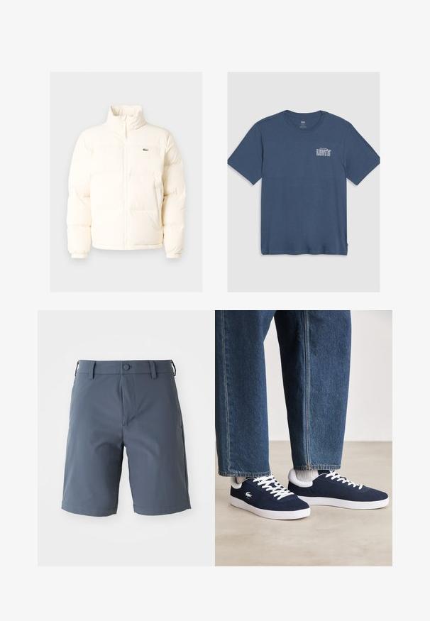 Weiße Daunenjacke mit hohem Kragen, ausgestattet mit einem Frontreißverschluss, elastischen Bündchen und einem kleinen grünen Logo auf der linken Brust.; Blaues Baumwoll-T-Shirt mit Rundhalsausschnitt und kurzen Ärmeln. Ein weißes "Levi's"-Logo ist auf der linken Brustseite aufgedruckt. Schlichtes Design.; Graue, knielange Shorts aus leichtem Material; mit Knopfverschluss, Gürtelschlaufen und Seitentaschen mit glatter Oberfläche.; Blaue Leinenschuhe mit weißen Schnürsenkeln und Gummisohlen, präsentiert mit Jeanshosen und grauen gerippten Socken, auf einer hellgrauen Fläche.