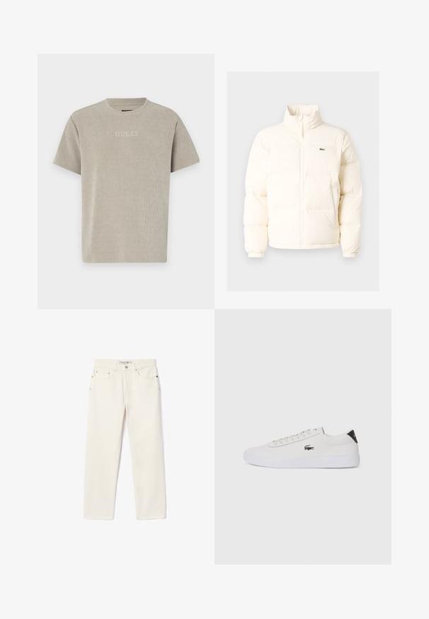 Vit puffjacka med hög krage, som har en framdragkedja, elastiska muddar och en liten grön logotyp på vänster bröst.; Ljusgrå kortärmad t-shirt i ribbad tyg med en subtil präglad "GUESS"-logotyp på bröstet. Enkel rund halsringning.; Krämfärgade denimjeans med rak benform, som har två framfickor, knappstängning och subtil märkning nära midjan.; Vit lädersneaker med rund tå, snörning framtill och svart häldetalj. Har en liten broderad krokodilmotiv på sidan.
