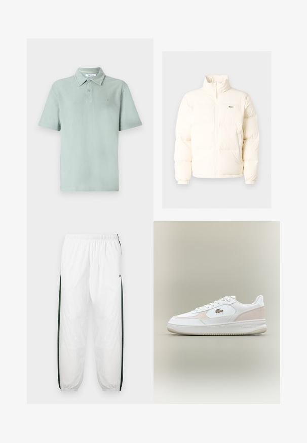 Balta pūkinė striukė su aukštu kaklu, turinti priekinį užtrauktuką, elastines rankogalius ir mažą žalią logotipą kairėje krūtinės pusėje.; Šviesiai žalia polo marškinėlių su tekstūruota medžiaga, trumpomis rankovėmis, apykakle, dviem mygtukais priekyje ir siuvinėtu logotipu ant krūtinės.; Baltos treniruočių kelnės su tamsiai žaliais šonų juostelėmis. Lengva medžiaga, elastinga juosmens juosta ir apASPIRUOTI rankogaliai. Šonų juostelėse yra tinklelio tekstūra.; Balti sportbačiai su lygia odos viršutine dalimi, zomšos akcentais ir guminiais padu. Yra reljefinis logotipas ir raištelių uždėjimo dizainas. Minimalistinis estetika.