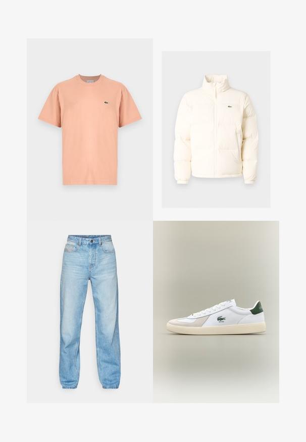 White puffer jacket with a high collar, featuring a front zipper, elastic cuffs, and a small green logo on the left chest.; Short-sleeved, crew-neck t-shirt in light peach cotton with a small green Lacoste crocodile logo on the left chest.; Light blue jeans made of denim, featuring a straight cut, five-pocket design, and a visible button fly with contrasting stitching.; White sneaker with green accents, suede and leather materials, rounded toe, textured outsole, and embroidered logo on side and tongue.