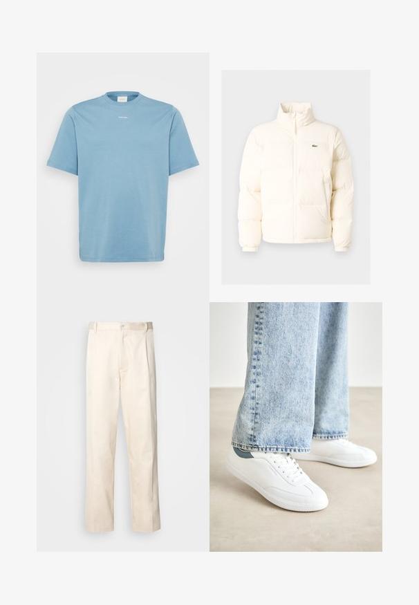 Bílá nafouknutá bunda s vysokým límcem, předním zipem, elastickými manžetami a malým zeleným logem na levé straně hrudi.; Světle modré bavlněné tričko s kulatým výstřihem a krátkými rukávy. Jemné logo "Calvin Klein" vytištěné bíle na prsou.; Bežové bavlněné kalhoty se střihy rovného nohavice, s knoflíkovým zapínáním a záhyby vpředu pro zvýraznění detailu.; Bílé tenisky s hladkým materiálem, šněrovacím designem, texturovanou gumovou podešví a tyrkysovým akcentem na patě, v kombinaci se světle modrými džíny.
