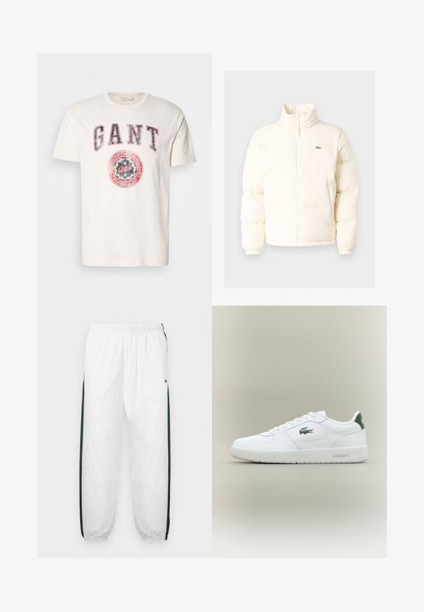 Hvid pufferjakke med høj krave, der har en frontlynlås, elastiske manchetter og et lille grønt logo på venstre bryst.; Cremefarvet bomulds T-shirt med korte ærmer. Har fed rød og blå "GANT" tekst samt et cirkulært logo med teksten "grundlagt i 1949."; Hvide træningsbukser med mørkegrønne sidelæg. Letvægtsmateriale, elastisk talje og manchetter ved benene. Har mesh-struktur på sidelæggene.; Hvide lædersneakers med en glat overflade, grønne accenter på hælen og et grønt logo på siden. Har en flad sål og rund tå.