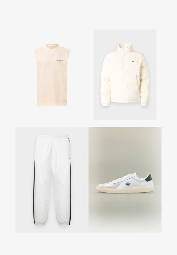 Balts pūkains jaka ar augstu apkakli, priekšā ar rāvējslēdzēju, elastīgām piedurknēm un mazu zaļu logo kreisajā krūtī.; Krēmkrāsas bez piedurknēm kokvilnas tops ar apaļu apkakli. Šajā topā ir maigs logo apdrukas elements tumši zaļā krāsā uz kreisā krūšu laukuma. Gluda tekstūra.; Baltas sporta bikses ar tumši zaļām sānu joslām. Viegls materiāls, elastīga josta un aproces apakšā. Satur acu auduma tekstūru sānu joslās.; Baltie sporta apavi ar zaļiem akcentiem, izgatavoti no zamša un ādas, ar noapaļotu purngalu, teksturētu zoli un izšūtu logotipu sānos un uz mēles.
