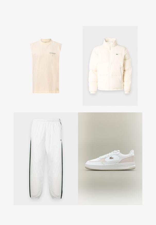 Giacca a vento bianca con collo alto, dotata di zip frontale, polsini elasticizzati e un piccolo logo verde sul petto a sinistra.; Top senza maniche in cotone crema con scollo rotondo. Presenta una stampa logo sottile in verde scuro sulla zona sinistra del petto. Texture liscia.; Pantaloni da tuta bianchi con pannelli laterali di un verde scuro. Materiale leggero, vita elasticizzata e orli a costine. Presentano una texture in rete sui pannelli laterali.; Sneaker bianchi con tomaia in pelle liscia, accenti in suede e suola in gomma. Presentano un logo impresso e un design con lacci. Estetica minimalista.
