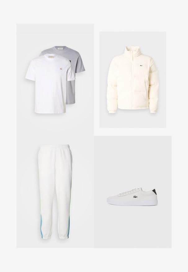 White puffer jacket with a high collar, featuring a front zipper, elastic cuffs, and a small green logo on the left chest.; Two short-sleeve t-shirts: one white and one light gray. Both have a round neck, cotton material, and small logo on the front.; White sweatpants with elastic waistband, featuring green and blue side stripes. Soft fabric with a tapered ankle design.; White leather sneaker with round toe, lace-up front, and black heel accent. Features a small embroidered crocodile logo on the side.