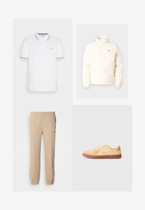 Witte pufferjack met een hoge kraag, voorzien van een ritssluiting aan de voorkant, elastische boorden en een klein groen logo op de linkerborst.; Witte poloshirt van katoen, voorzien van een placket met twee knopen, korte mouwen en marineblauwe accenten op de kraag en mouwen. GANT-logo op de borst.; Lacoste Trainingsbroek - viennese; Lacoste sneakers in lichtgeel leer, met een gumrubberen zool, vetersluiting en iconisch logo. Suède accenten op de neus en hiel.