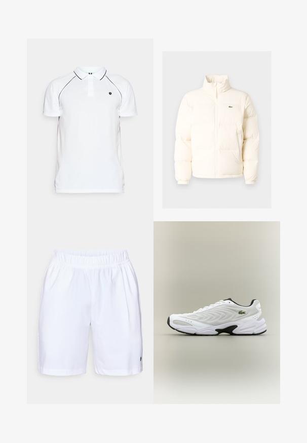 Valkoinen puhallettava takki, jossa on korkea kaulus, etuvetoketju, joustavat hihansuut ja pieni vihreä logo vasemmassa rinnassa.; Valkoinen poolopaita mustilla yksityiskohdilla, lyhyet hihat, kauluksellinen kaula ja pieni logo rinnassa. Valmistettu teksturoituneesta kankaasta.; Valkoiset joustovyötäröshortsit suoran leikkauksen kanssa, joissa on sivutaskut ja musta logo-akkentti alhaalla oikeassa reunassa. Sileä kangas.; Valkoiset urheilukengät, joissa on verkkomainen tekstuuripinta, kaareva muotoilu ja kontrastivärinen musta pohja. Sivulla vihreä brodeerattu logo.
