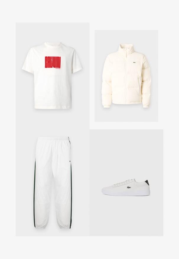 Bijela puf jakna s visokim ovratnikom, koja ima prednji patentni zatvarač, elastične rukave i mali zeleni logo na lijevoj strani prsiju.; Bijela pamučna majica s velikim crvenim grafičkim ispisom "CALVIN KLEIN" na prednjoj strani, s okruglim izrezom i kratkim rukavima.; Bijele trenirke s tamnozelenim bočnim trakama. Lagani materijal, elastičan pojas i manžetne na rubovima. Sadrže mrežastu teksturu na bočnim trakama.; Bijele kožne tenisice s okruglim vrhom, vezanjem sprijeda i crnim detaljem na peti. Imaju mali izvezeni logotip krokodila s bočne strane.