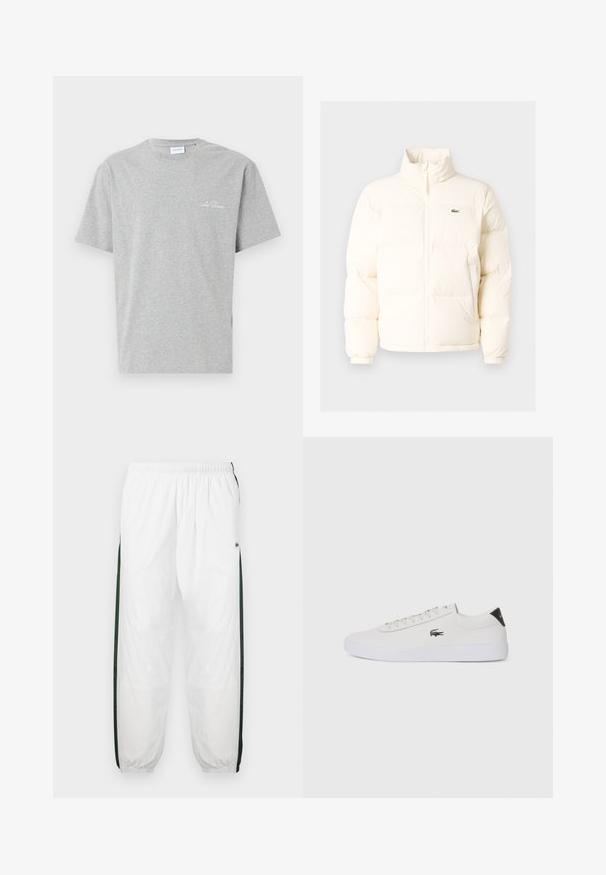 Biela puffrová bunda s vysokým golierom, predným zipsom, elastickými manžetami a malým zeleným logom na ľavom prsníku.; Šedé bavlnené tričko s klasickým výstrihom a krátkymi rukávmi, so skromným vyšívaným textom na hrudi a detailom rozparku na boku.; Biele športové nohavice s tmavozelenými bočnými panelmi. Ľahký materiál, elastický pás a sťahované lemy. Obsahujú sieťovinovú textúru na bočných paneloch.; Biele kožené tenisky s okrúhlou špičkou, šnurovaním vpredu a čiernym akcentom na päte. Obsahujú malé vyšívané logo krokodíla na boku.