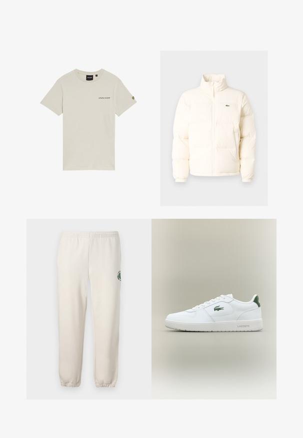 Fehér pufferezett dzseki magas gallérral, elülső zipzárral, rugalmas mandzsettákkal és egy kis zöld logóval a bal mellen.; Beige színű pamut póló kerek nyakkivágással, rövid ujjakkal, és egy kicsi "LYLE & SCOTT" logóval a mellen. Az ujján hímzett logó található.; Világos bézs szabadidőnadrág, pamutból készült, rugalmas derékkal, bordázott mandzsettákkal, és zöld logóval, amely leveleket ábrázol, a bal lábon.; Fehér bőr sneaker sima felülettel, zöld akcentussal a saroknál, és zöld logóval az oldalon. Lapos talpa és kerek orra van.