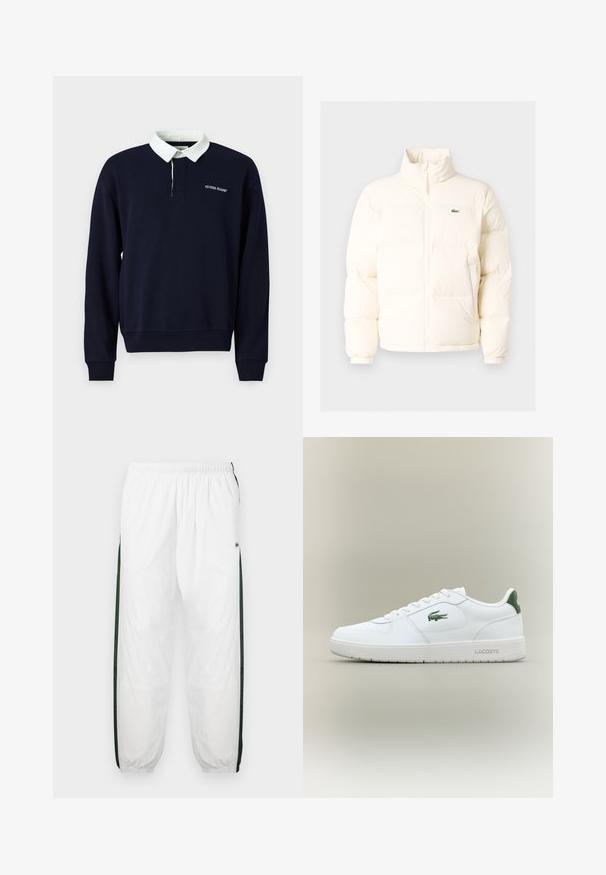 Vit puffjacka med hög krage, som har en framdragkedja, elastiska muddar och en liten grön logotyp på vänster bröst.; Marinblå tröja med rund halsringning och ribbad nederkant och ärmslut, vit krage, samt "Guess Jeans" logotyp broderad på bröstet.; Vita träningsbyxor med mörkgröna sidopaneler. Lätt material, elastisk midjeband och nedhasade fållar. Har nätstruktur på sidopanelerna.; Vita lädersneaker med en slät yta, gröna detaljer på hälen och en grön logotyp på sidan. Har en platt sula och rund tå.