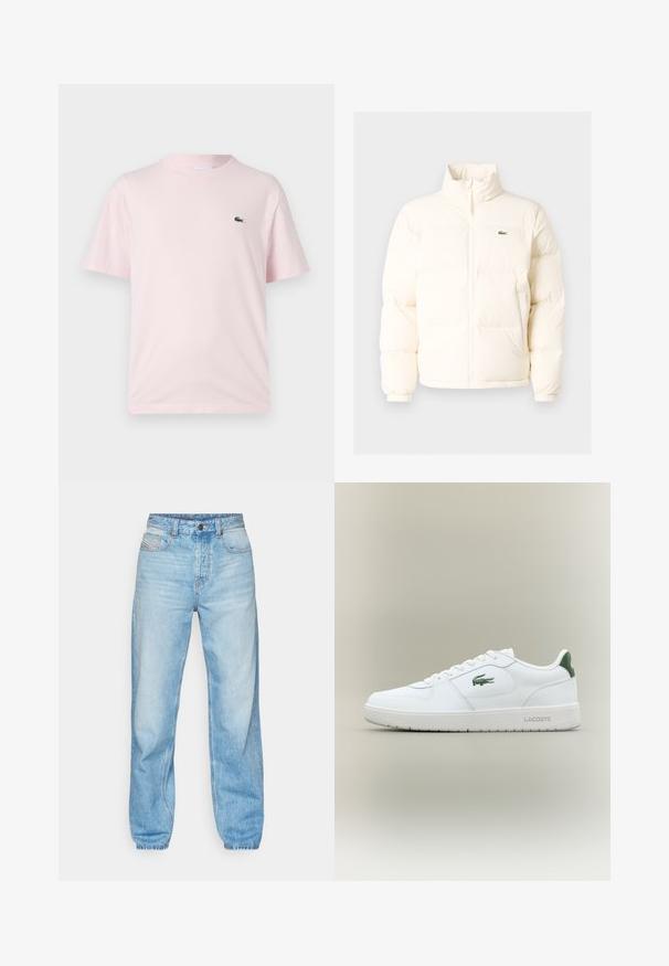 Biela puffrová bunda s vysokým golierom, predným zipsom, elastickými manžetami a malým zeleným logom na ľavom prsníku.; Svetlo ružové bavlnené tričko s krátkymi rukávmi. Obsahuje malé zelené vyšívané logo na ľavom prsníku. Dizajn s okrúhlym výstrihom.; Svetlomodré džínsy vyrobené z denimu, so štandardným strihom, piatimi vreckami a viditeľným zapínaním na gombík s kontrastným prešívaním.; Biele kožené tenisky s hladkým povrchom, zelenými akcentami na päte a zeleným logom na boku. Majú plochú podrážku a okrúly špičku.