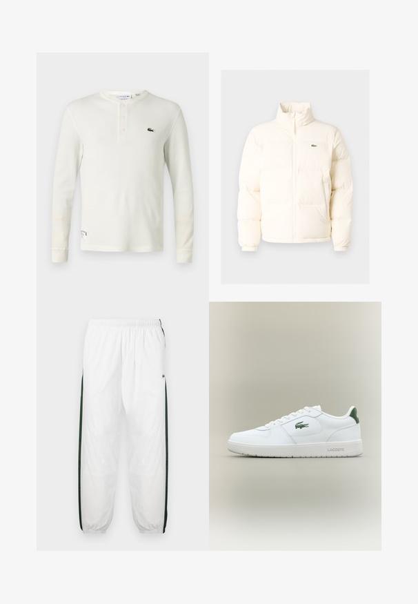 Witte pufferjack met een hoge kraag, voorzien van een ritssluiting aan de voorkant, elastische boorden en een klein groen logo op de linkerborst.; Langarm crème geribbelde henley-shirt van zacht katoen, met een drie-knopen sluiting en een klein groen geborduurd logo op de borst.; Witte trainingsbroek met donkergroene zijpanelen. Lichtgewicht materiaal, elastische tailleband en boordjes aan de onderkant. Heeft een meshstructuur op de zijpanelen.; Witte leren sneaker met een gladde afwerking, groene accenten op de hak en een groen logo aan de zijkant. Beschikt over een platte zool en een ronde neus.