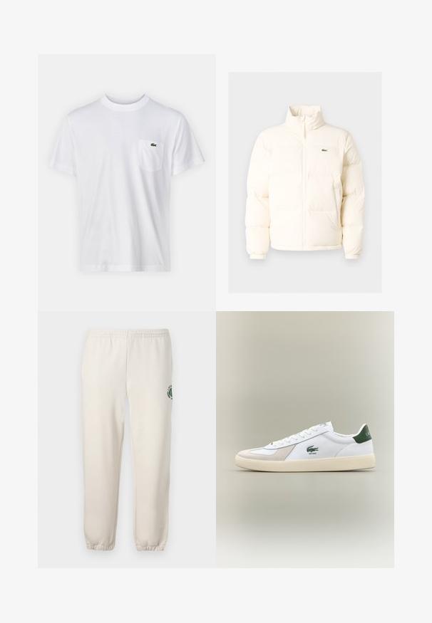 Biała kurtka puchowa z wysokim kołnierzem, z zamkiem błyskawicznym z przodu, elastycznymi mankietami i małym zielonym logo po lewej stronie klatki piersiowej.; Biała bawełniana koszulka z okrągłym dekoltem i krótkimi rękawami. Posiada kieszonkę na lewej piersi oraz małe zielone logo Lacoste.; Jasnobeżowe spodnie dresowe wykonane z bawełny, z elastycznym pasem, ściągaczami na nogawkach oraz zielonym logo z motywem liścia na lewym udzie.; Białe sneakersy z zielonymi akcentami, wykonane z zamszu i skóry, o zaokrąglonym nosku, teksturowanej podeszwie oraz wyszywanym logo na boku i języku.