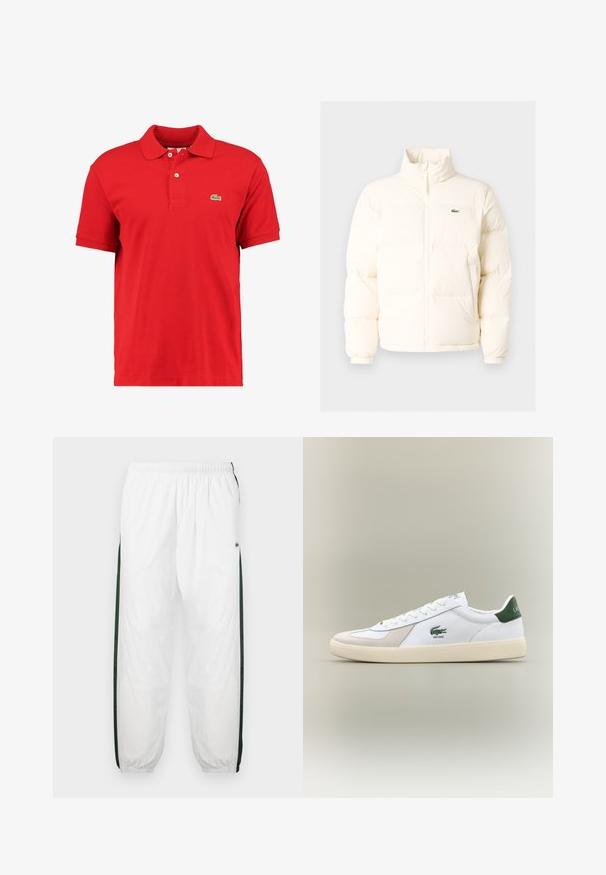 Valkoinen puhallettava takki, jossa on korkea kaulus, etuvetoketju, joustavat hihansuut ja pieni vihreä logo vasemmassa rinnassa.; Punainen polo paita, joka on valmistettu teksturoidusta puuvillasta, perinteisellä kauluksella, lyhyillä hihoilla, kahden napin aukolla ja pienellä vihreällä logolla rinnassa.; Valkoiset urheiluhousut tummanvihreillä sivupaneeleilla. Kevyt materiaali, joustava vyötärö ja resorit. Sivupaneeleissa on verkkotyyppinen tekstuuri.; Valkoiset tennarit vihreillä yksityiskohdilla, mokka- ja nahkamateriaaleja, pyöreä kärki, teksturoitu ulkopohja sekä brodeerattu logo sivulla ja kielekkeessä.